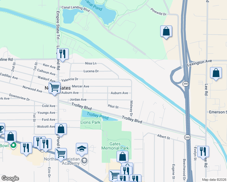 map of restaurants, bars, coffee shops, grocery stores, and more near 100 Auburn Avenue in Rochester