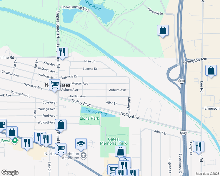 map of restaurants, bars, coffee shops, grocery stores, and more near 100 Auburn Avenue in Rochester