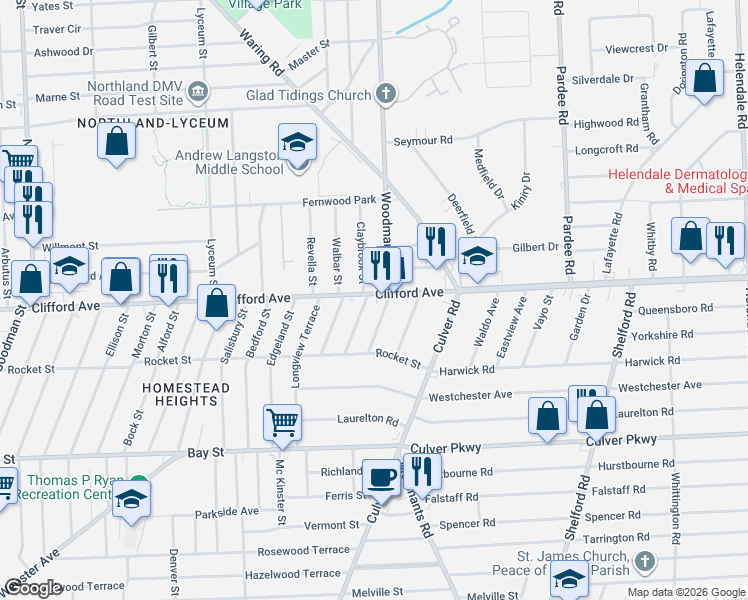 map of restaurants, bars, coffee shops, grocery stores, and more near 2267 Clifford Avenue in Rochester