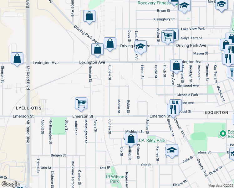 map of restaurants, bars, coffee shops, grocery stores, and more near 103 Merlin Street in Rochester