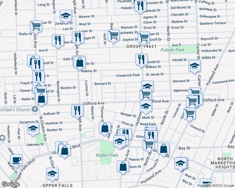 map of restaurants, bars, coffee shops, grocery stores, and more near 73 Alphonse Street in Rochester