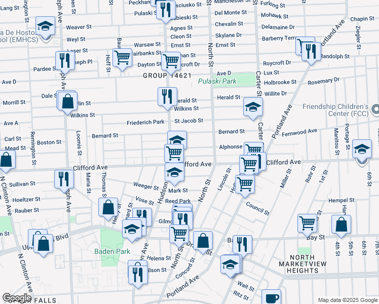 map of restaurants, bars, coffee shops, grocery stores, and more near 49 Orpheum Street in Rochester