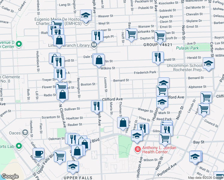 map of restaurants, bars, coffee shops, grocery stores, and more near 56 Maria Street in Rochester