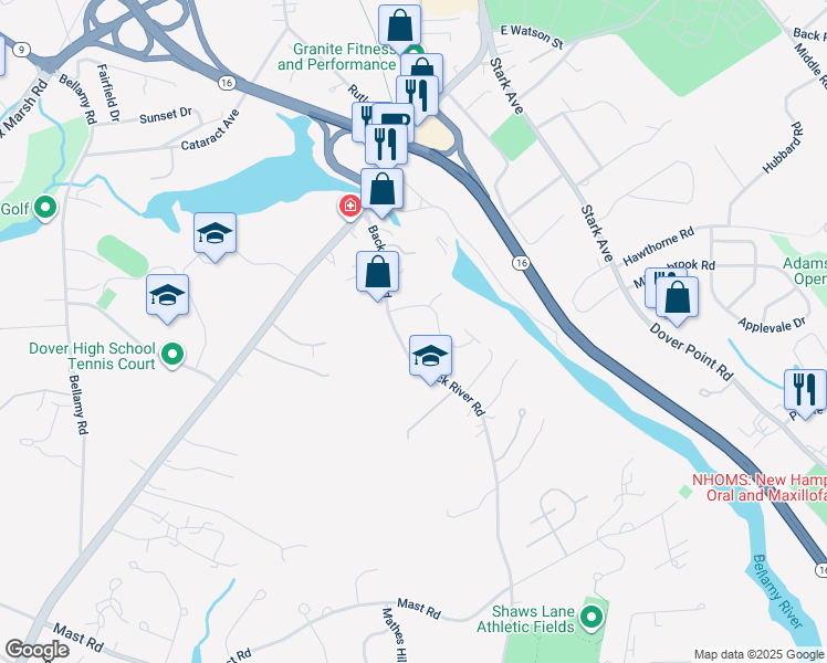 map of restaurants, bars, coffee shops, grocery stores, and more near 28 Back River Road in Dover