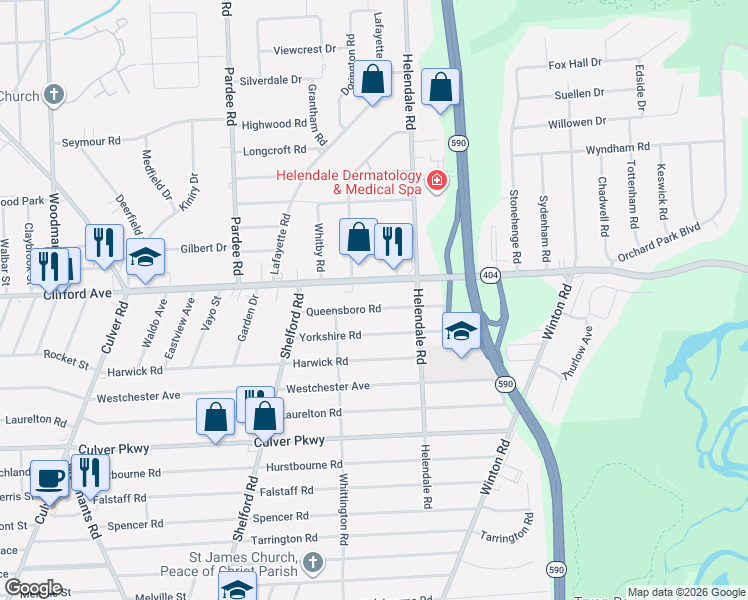 map of restaurants, bars, coffee shops, grocery stores, and more near 112 Queensboro Road in Irondequoit