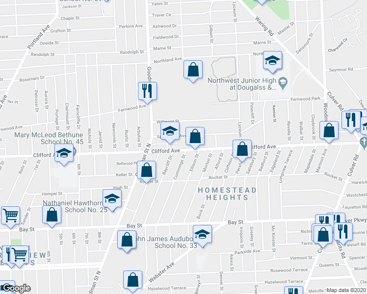 map of restaurants, bars, coffee shops, grocery stores, and more near 1844 Clifford Avenue in Rochester