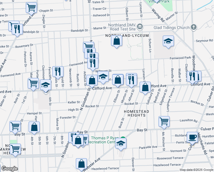 map of restaurants, bars, coffee shops, grocery stores, and more near 1772 Clifford Avenue in Rochester