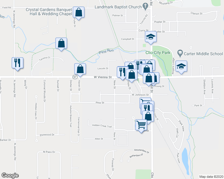 map of restaurants, bars, coffee shops, grocery stores, and more near 414 West Johnson Street in Clio