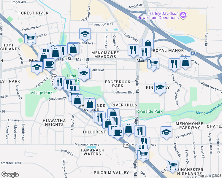 map of restaurants, bars, coffee shops, grocery stores, and more near W158N8715 Harrison Avenue in Menomonee Falls