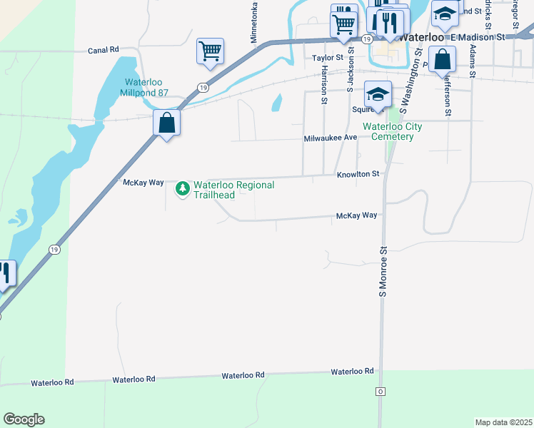 map of restaurants, bars, coffee shops, grocery stores, and more near 615 McKay Way in Waterloo