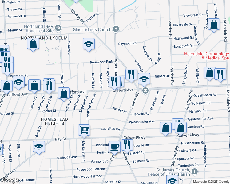map of restaurants, bars, coffee shops, grocery stores, and more near 2267 Clifford Avenue in Rochester
