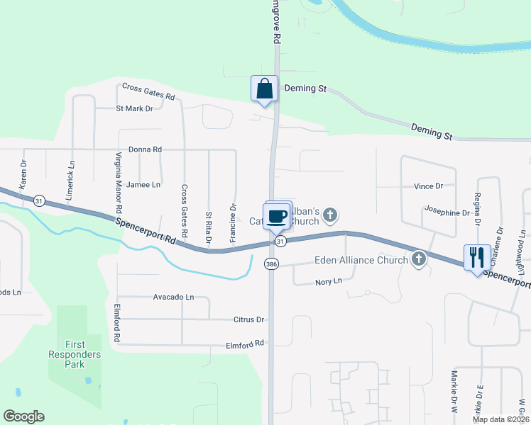map of restaurants, bars, coffee shops, grocery stores, and more near 553 Elmgrove Road in Rochester