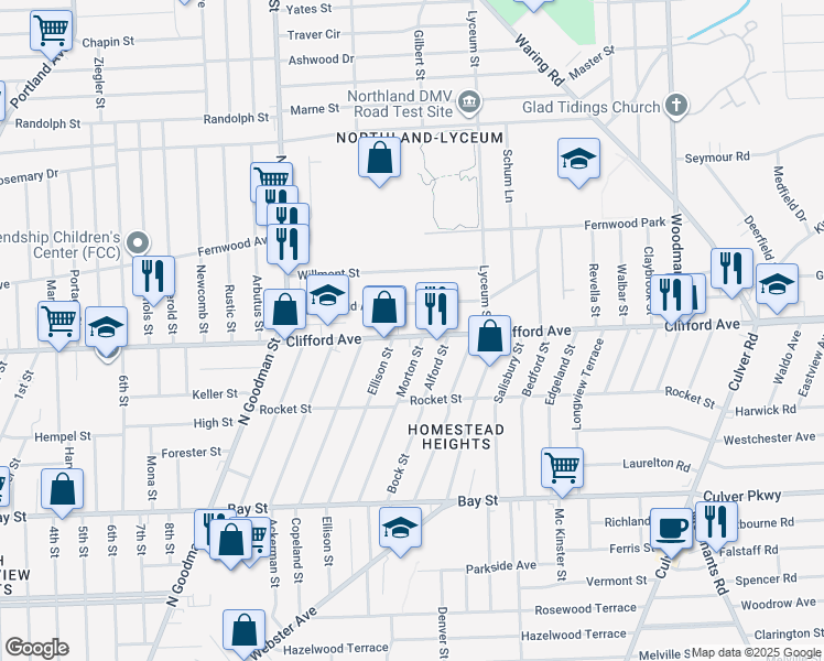 map of restaurants, bars, coffee shops, grocery stores, and more near 1902 Clifford Avenue in Rochester