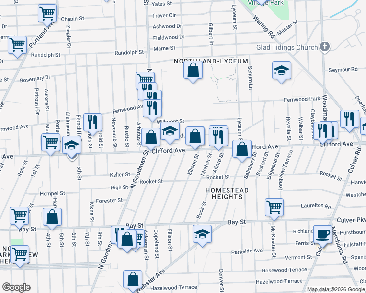 map of restaurants, bars, coffee shops, grocery stores, and more near 1844 Clifford Avenue in Rochester