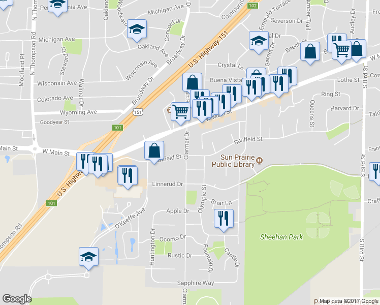 map of restaurants, bars, coffee shops, grocery stores, and more near 1654 Sunfield Street in Sun Prairie