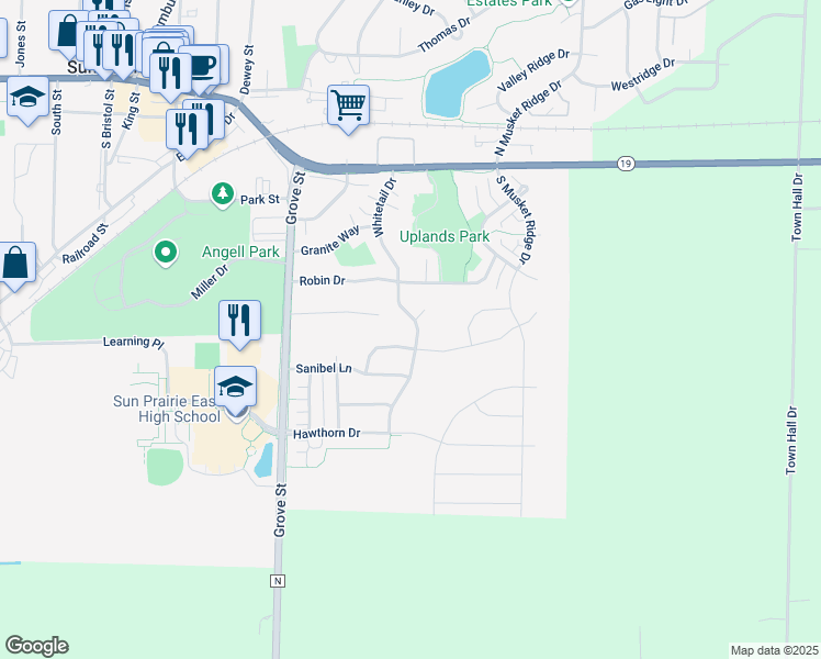 map of restaurants, bars, coffee shops, grocery stores, and more near 380 Whitetail Drive in Sun Prairie