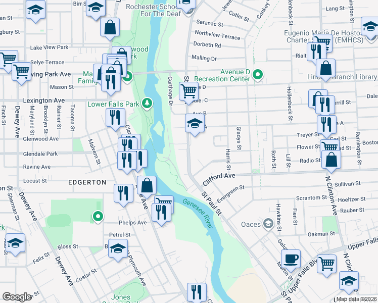 map of restaurants, bars, coffee shops, grocery stores, and more near 1150 Saint Paul Street in Rochester