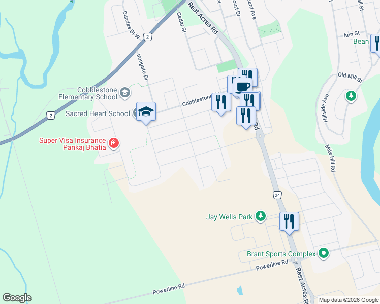 map of restaurants, bars, coffee shops, grocery stores, and more near 127 Savannah Ridge Drive in Brant