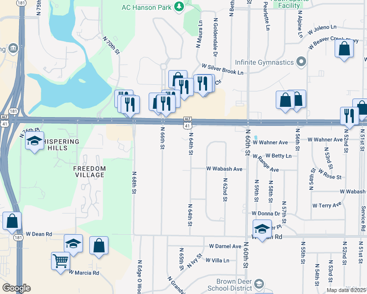 map of restaurants, bars, coffee shops, grocery stores, and more near 8701 North 64th Street in Brown Deer