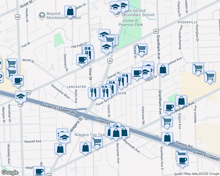 map of restaurants, bars, coffee shops, grocery stores, and more near 44 Facer Street in St. Catharines