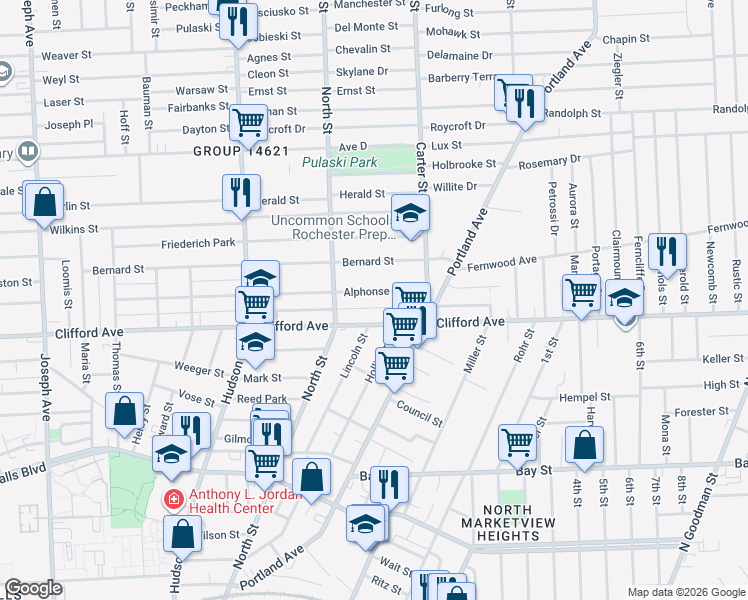 map of restaurants, bars, coffee shops, grocery stores, and more near 391 Alphonse Street in Rochester