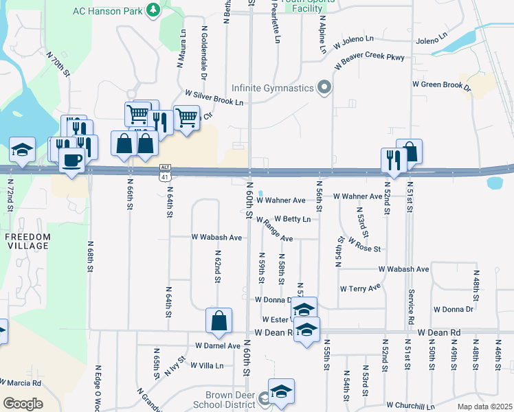 map of restaurants, bars, coffee shops, grocery stores, and more near 5970 West Range Avenue in Brown Deer