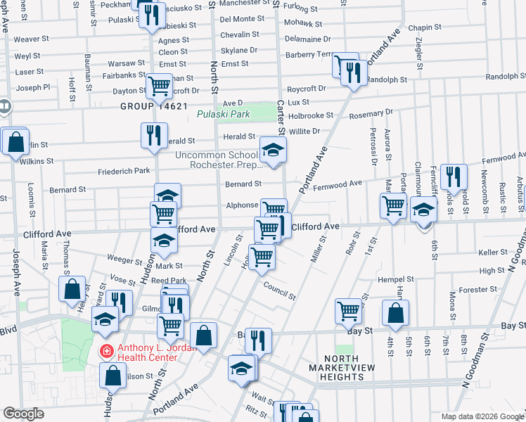 map of restaurants, bars, coffee shops, grocery stores, and more near in Rochester
