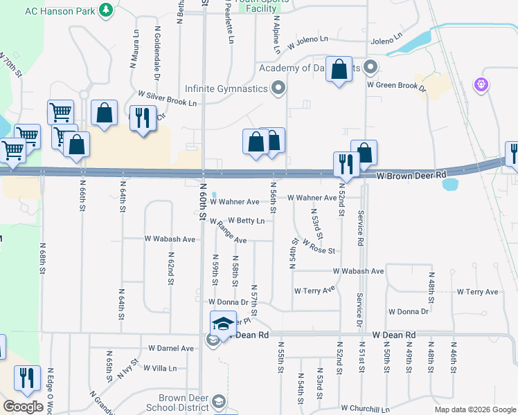map of restaurants, bars, coffee shops, grocery stores, and more near 5675 West Wahner Avenue in Brown Deer