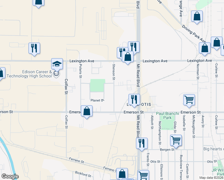 map of restaurants, bars, coffee shops, grocery stores, and more near 102 Stenson Street in Rochester