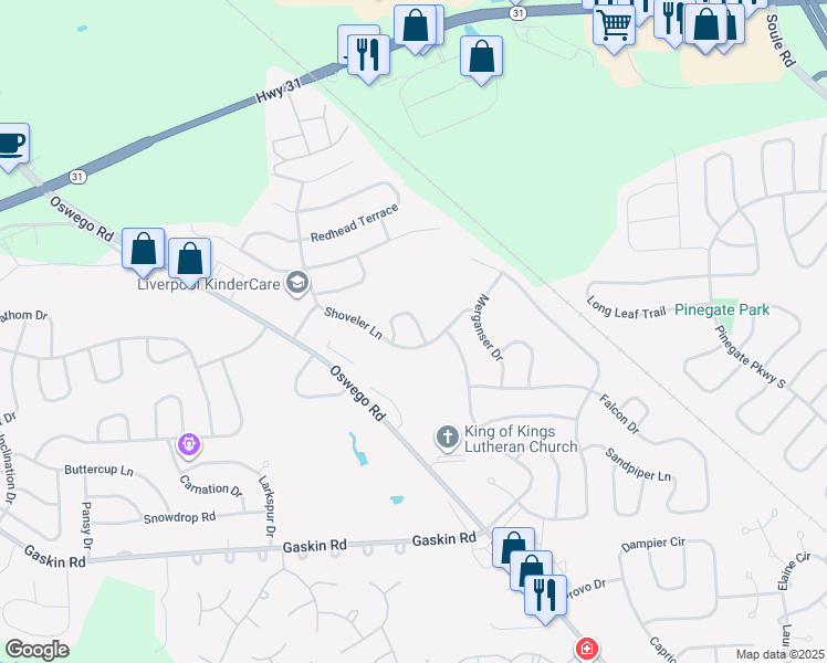 map of restaurants, bars, coffee shops, grocery stores, and more near 3863 Pintail Path in Liverpool