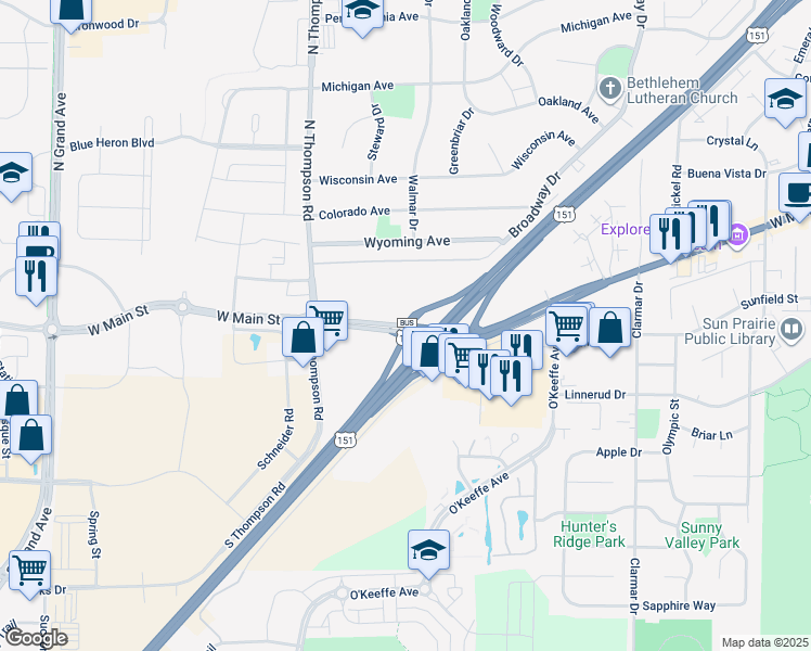 map of restaurants, bars, coffee shops, grocery stores, and more near West Main Street in Sun Prairie