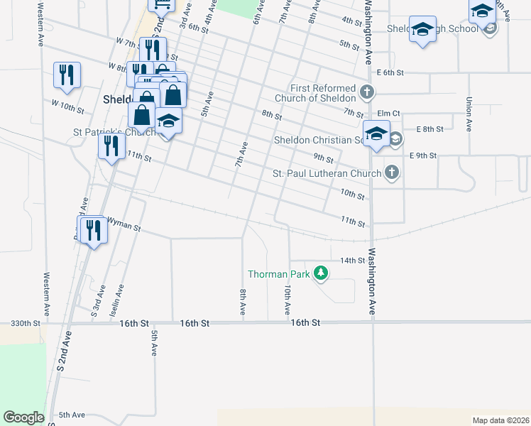 map of restaurants, bars, coffee shops, grocery stores, and more near 1130 South 9th Avenue in Sheldon