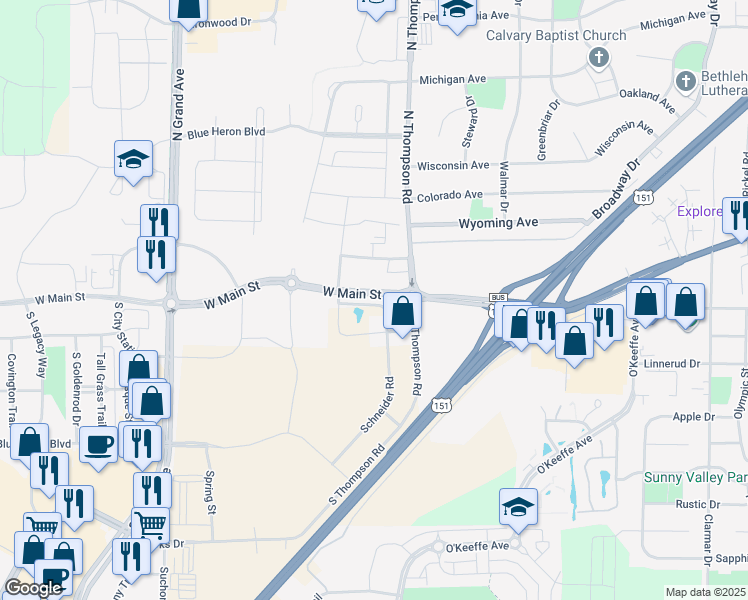 map of restaurants, bars, coffee shops, grocery stores, and more near 2303 West Main Street in Sun Prairie