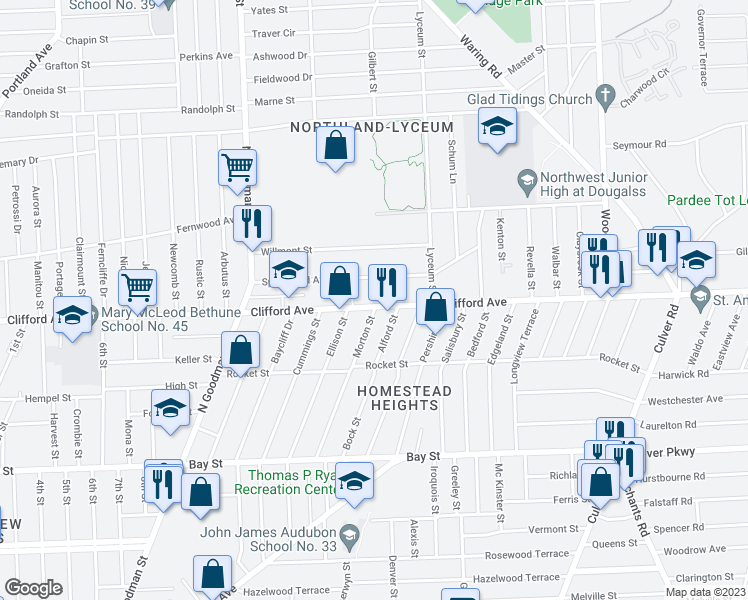 map of restaurants, bars, coffee shops, grocery stores, and more near 1916 Clifford Avenue in Rochester