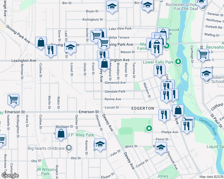 map of restaurants, bars, coffee shops, grocery stores, and more near 52 Maryland Street in Rochester