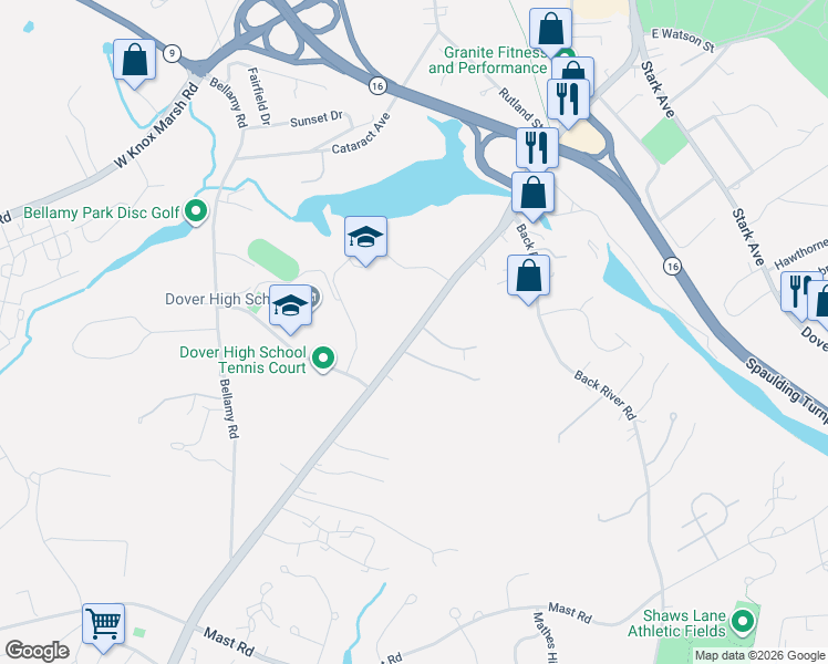 map of restaurants, bars, coffee shops, grocery stores, and more near 68 Durham Road in Dover