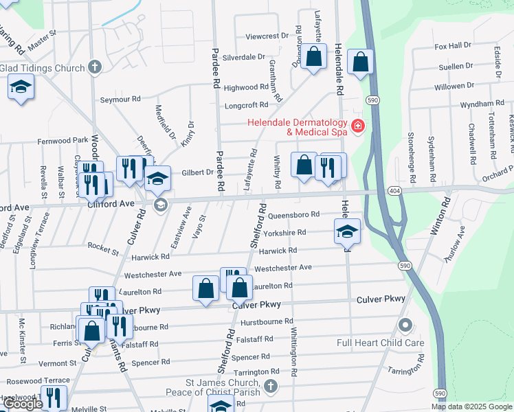 map of restaurants, bars, coffee shops, grocery stores, and more near 12 Queensboro Road in Rochester