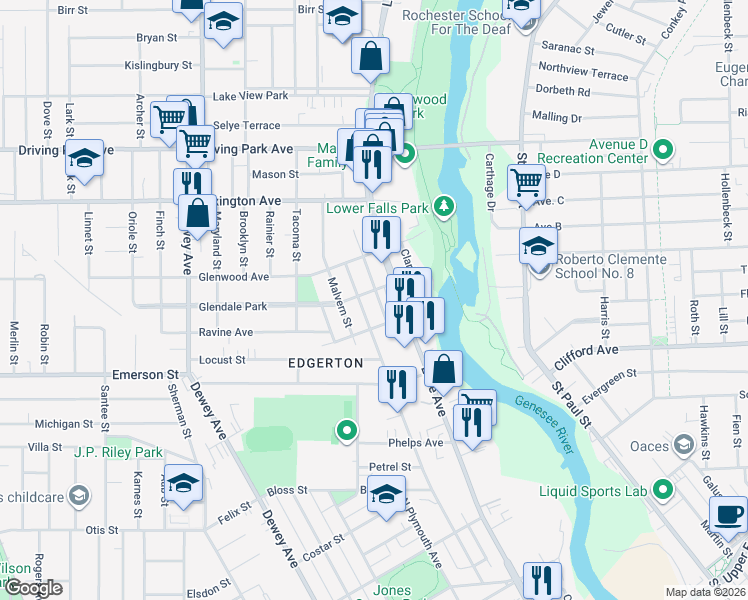 map of restaurants, bars, coffee shops, grocery stores, and more near 20 Leavenworth Street in Rochester