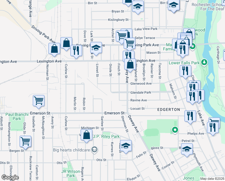 map of restaurants, bars, coffee shops, grocery stores, and more near 143 Glendale Park in Rochester