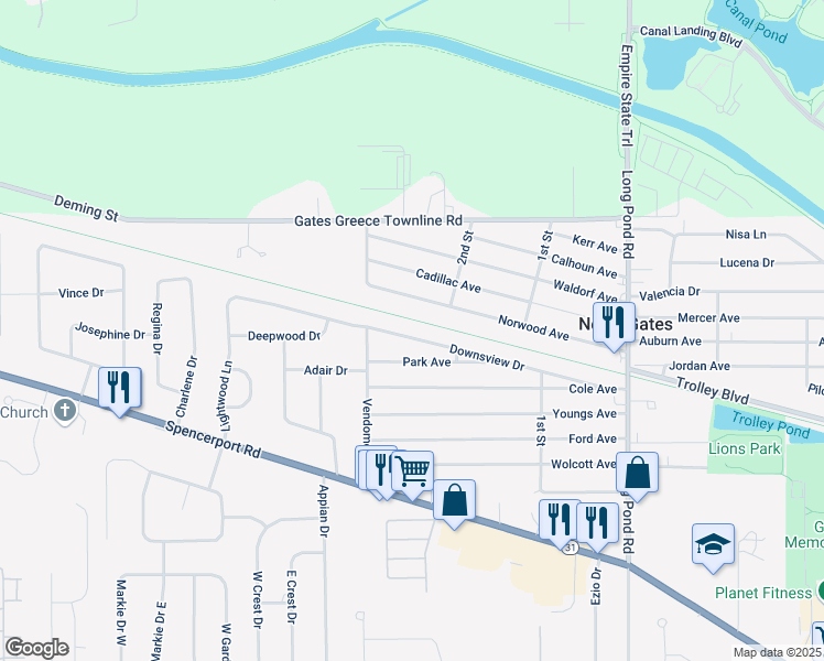 map of restaurants, bars, coffee shops, grocery stores, and more near 301 Downsview Drive in Rochester