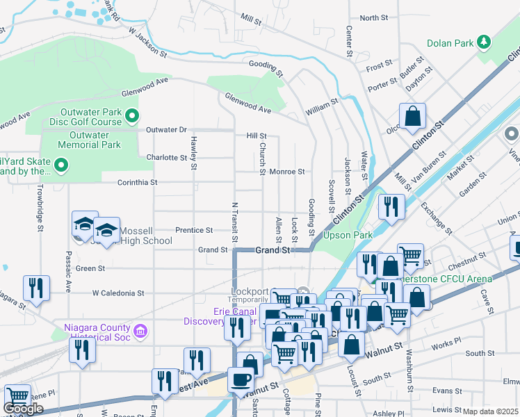 map of restaurants, bars, coffee shops, grocery stores, and more near 150 Washington Street in Lockport