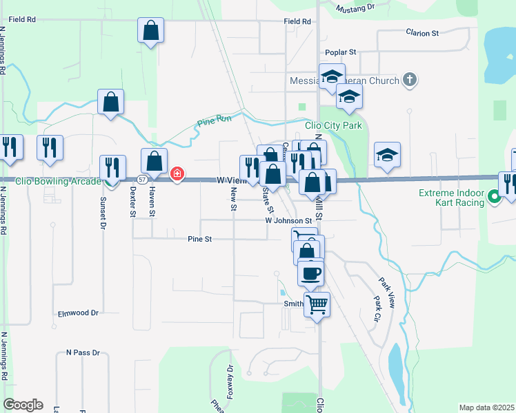 map of restaurants, bars, coffee shops, grocery stores, and more near 322 West Johnson Street in Clio