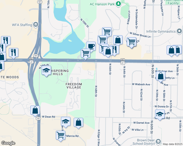 map of restaurants, bars, coffee shops, grocery stores, and more near 6875 West Granville Circle in Milwaukee