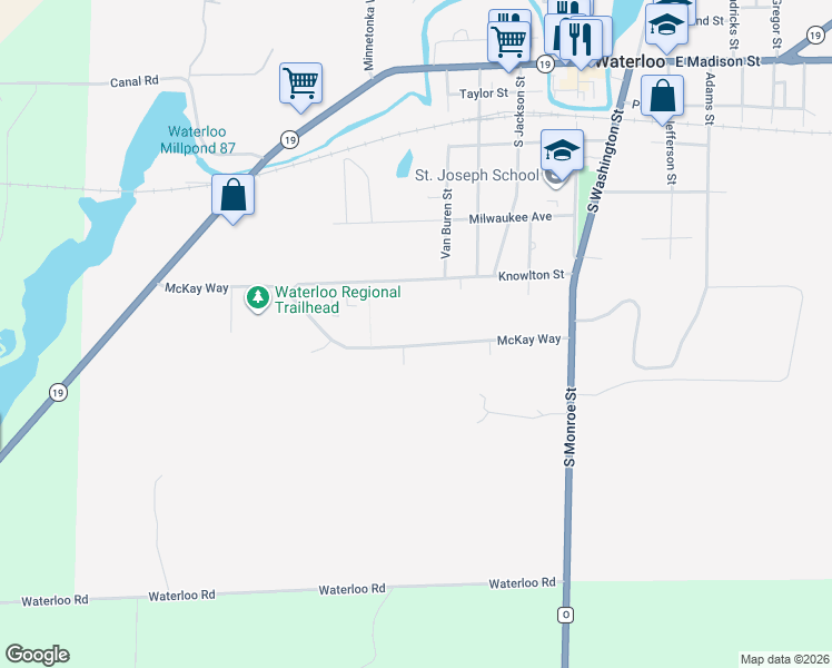 map of restaurants, bars, coffee shops, grocery stores, and more near 525 McKay Way in Waterloo