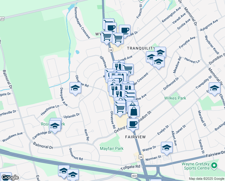 map of restaurants, bars, coffee shops, grocery stores, and more near 107-265 King George Road in Brantford