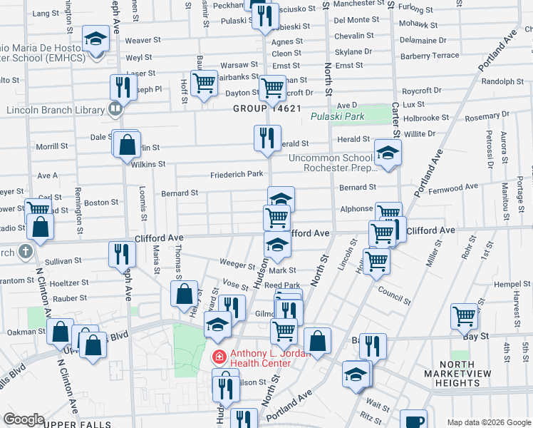 map of restaurants, bars, coffee shops, grocery stores, and more near in Rochester