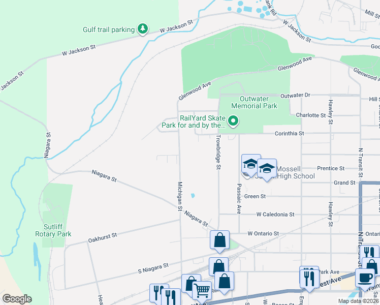 map of restaurants, bars, coffee shops, grocery stores, and more near 320 Michigan Street in Lockport