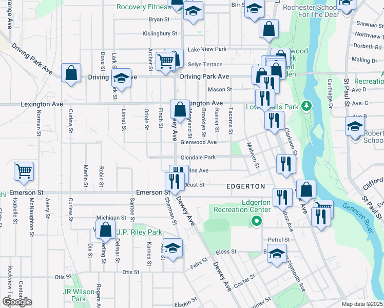 map of restaurants, bars, coffee shops, grocery stores, and more near 108 Glendale Park in Rochester