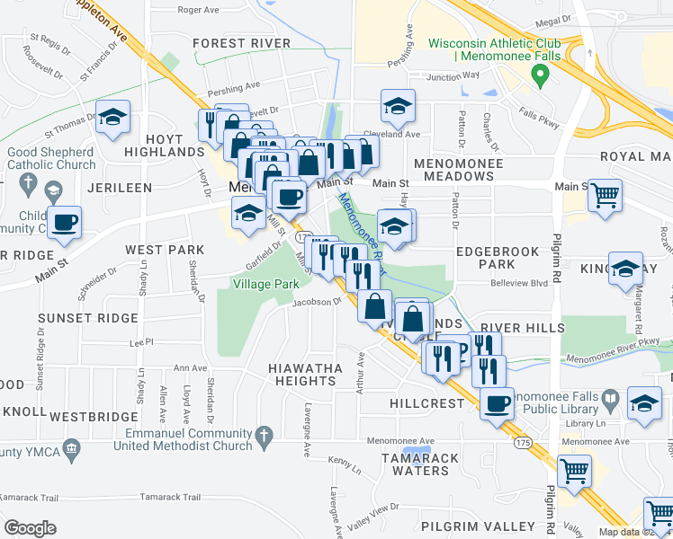 map of restaurants, bars, coffee shops, grocery stores, and more near N87W16464 Appleton Avenue in Menomonee Falls