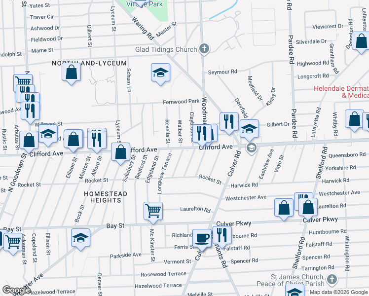 map of restaurants, bars, coffee shops, grocery stores, and more near 2205 Clifford Avenue in Rochester
